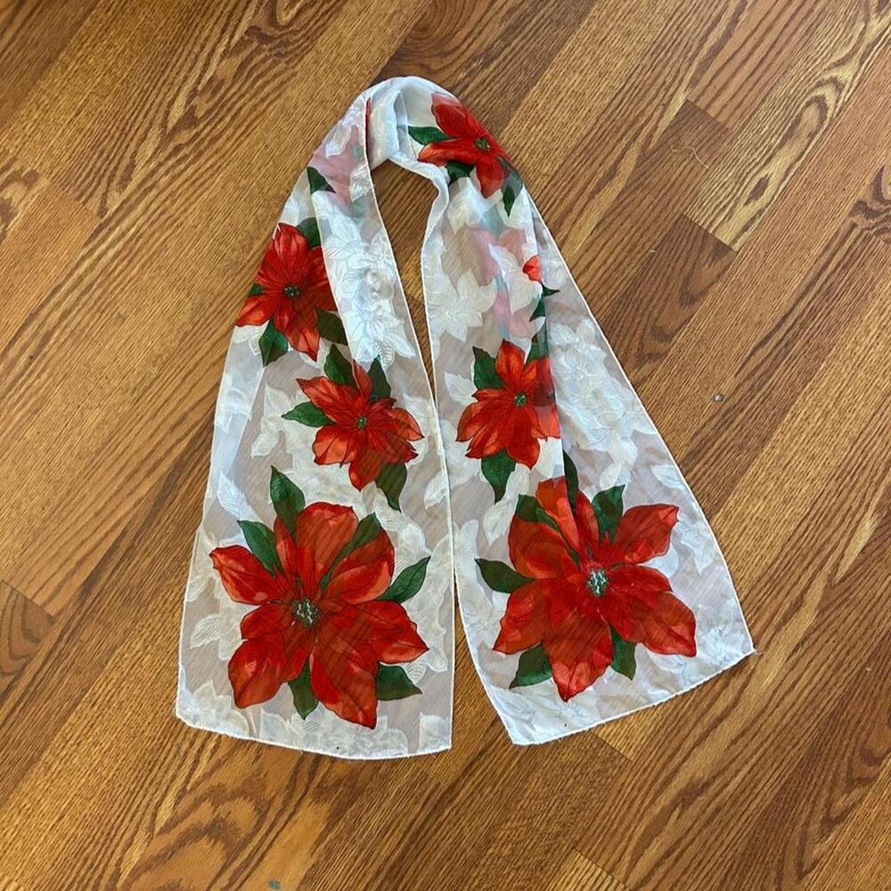 Vintage sheer poinsettia scarf. Thin flowing fabric Home decor festive Christmas